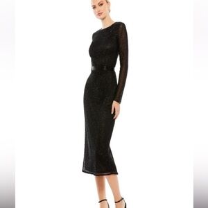 Mac Duggal Black Sparkle Long Sleeve Midi Dress